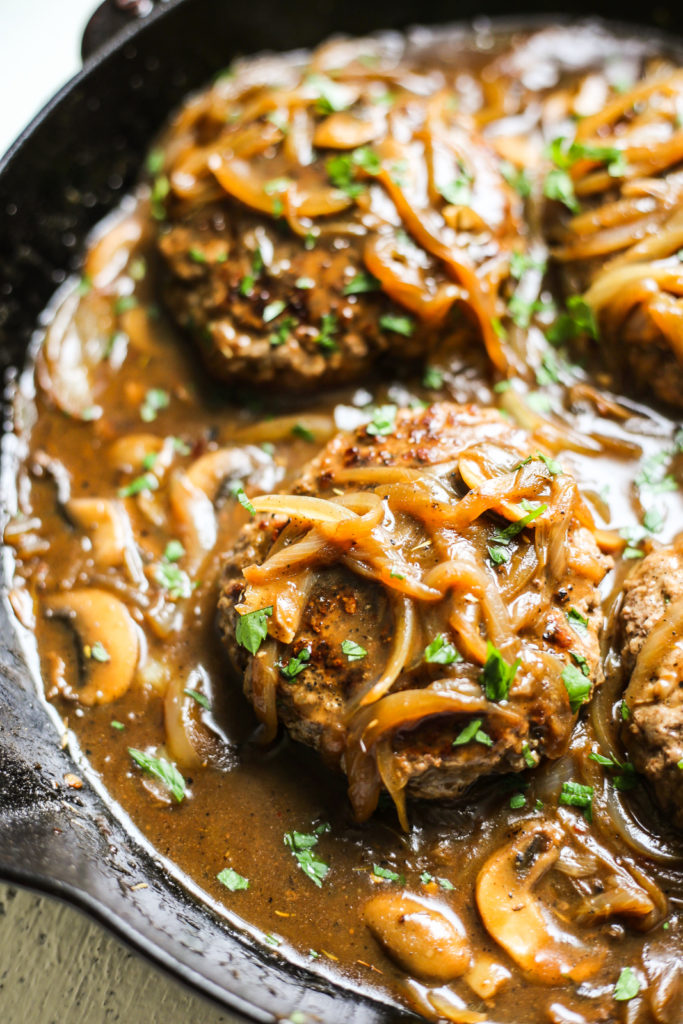 southern-style hamburger steaks with onion and mushroom gravy